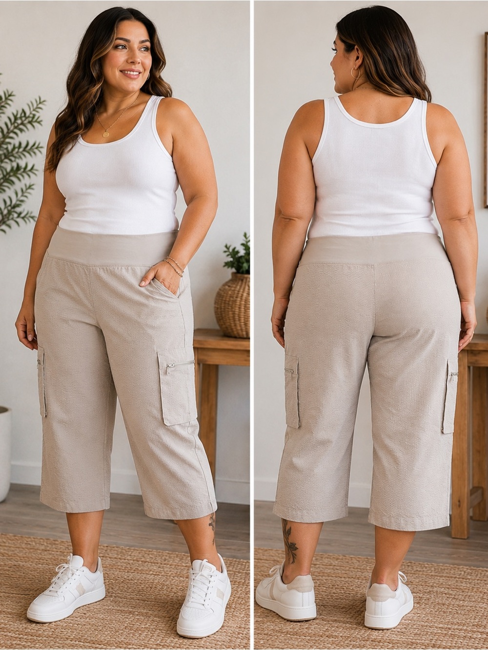 SAGE Collective Cargo Capri Pants Large Beige Stretch Waist Cropped